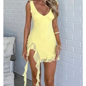 White Fox Boutique Yellow Asymmetrical Ruffled Mini Dress